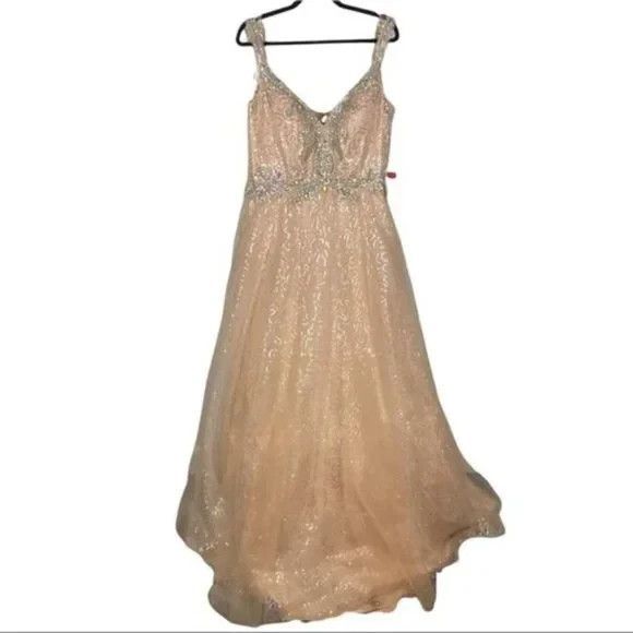 Mac Duggal 65037 Peach Sequin & Bead Corset Back Plus Size Formal Gown 14W NWT - Picture 3 of 7